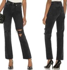  198 AGOLDE Black Cotton Distressed Mid Rise Straight Leg Lana Jeans Women's 24