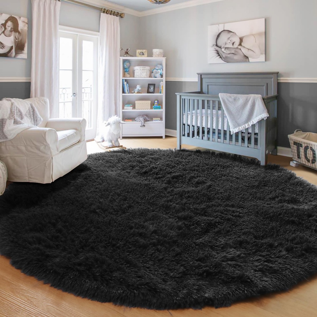 Soft Black Round Rug Plush Shag Fuzzy 8Ft Large Circle Area Rugs
