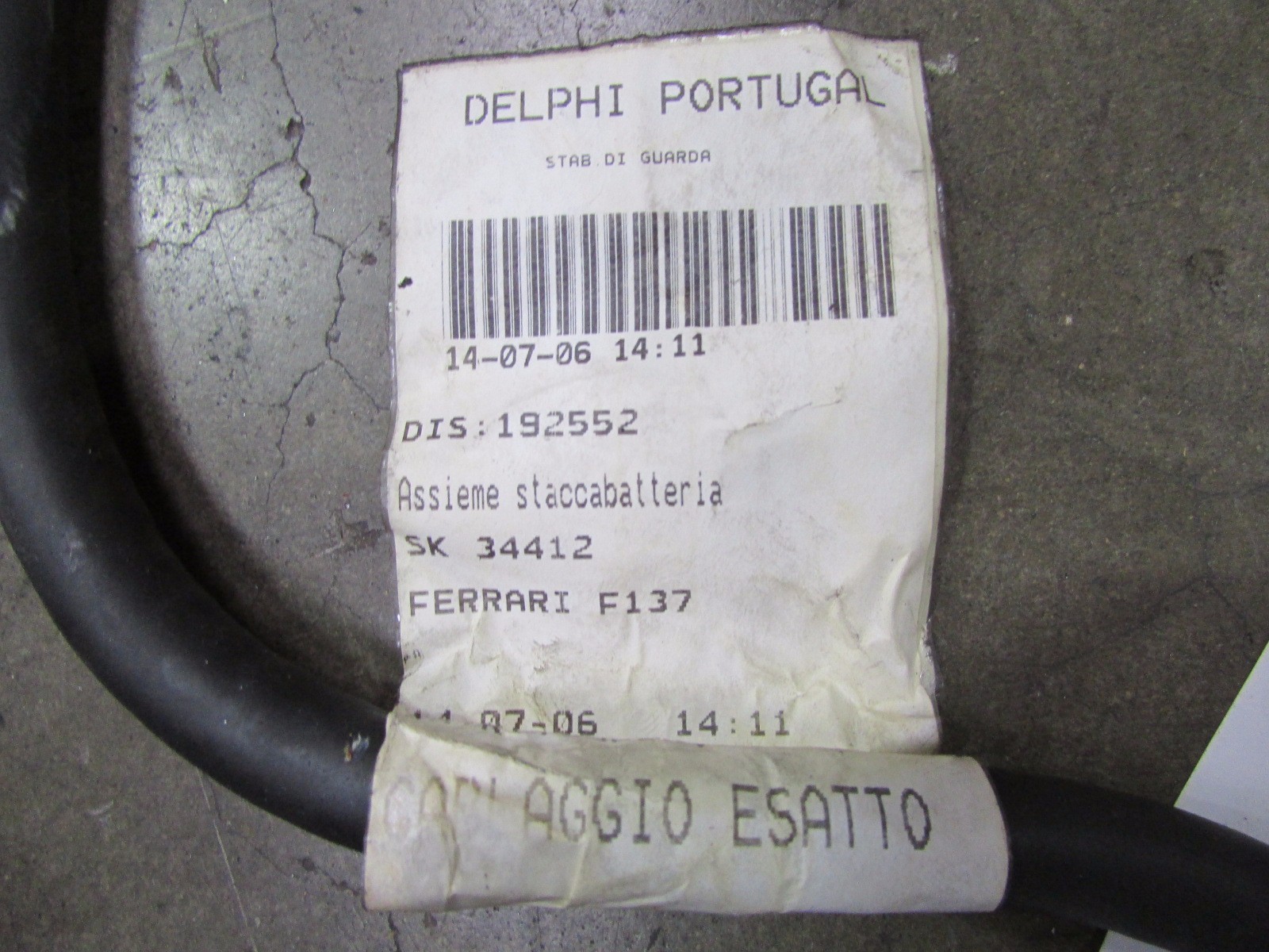 Ferrari 599 GTB, Battery Ground Cable Wire Harness, Used, P/N 192552