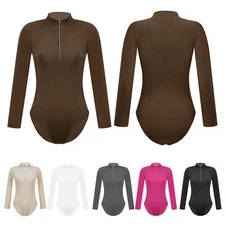 Womens One-Piece Top Ribbed Jumpsuit Breathable Bodysuit Mock Neck Leotard Sexy