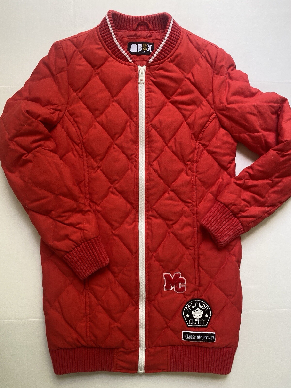 Long Quilt Patch Jacket Size S Down Fill Red BSX … - image 5