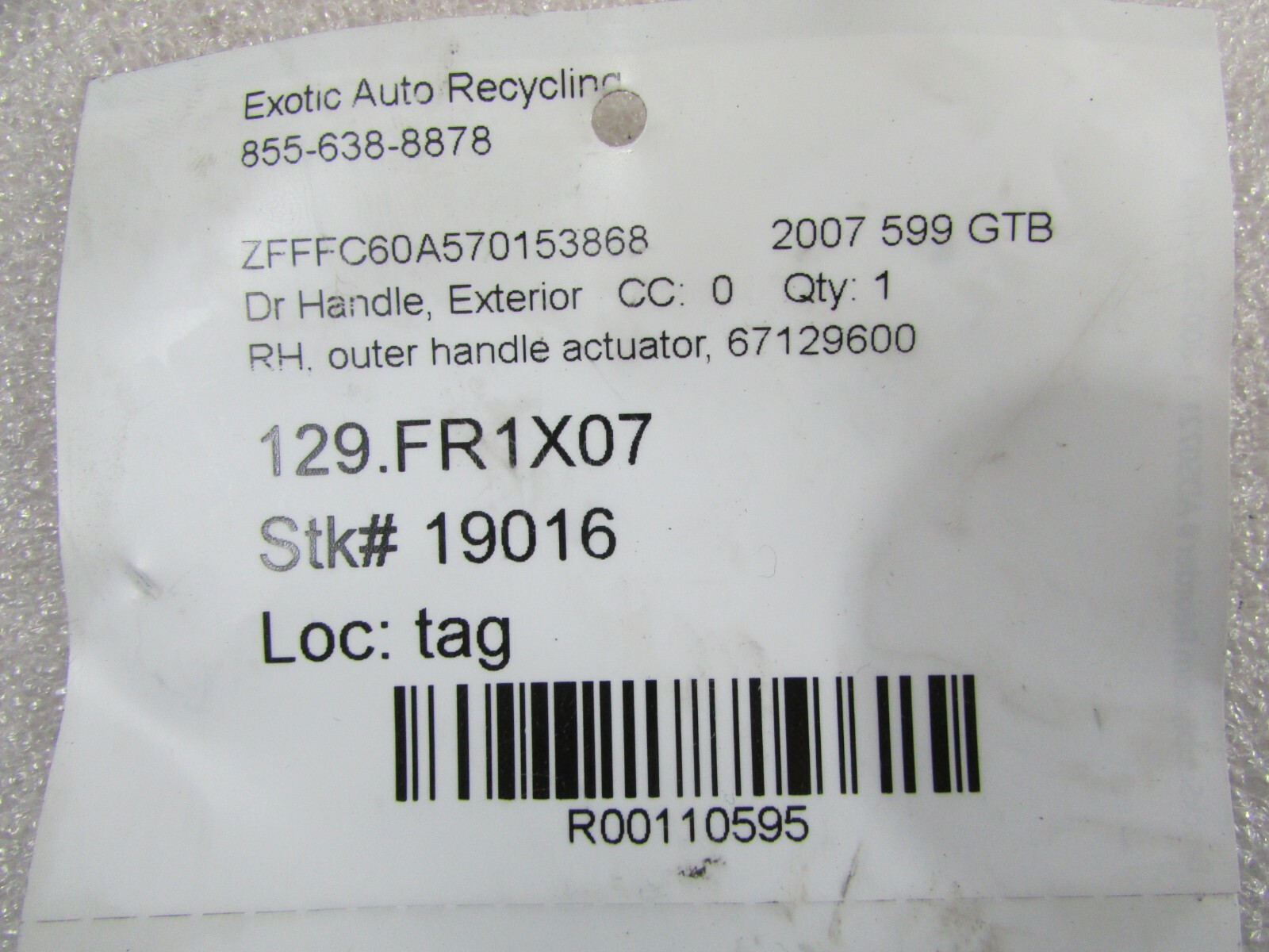Ferrari 599 GTB RH, Right Outer Door Handle Actuator, Used, P/N 67129600