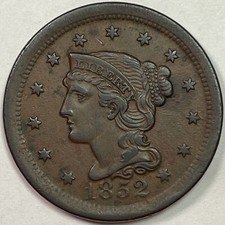 1852 N-22 R-1 Braided Hair Large Cent Almost Uncirculated AU Coin #15066