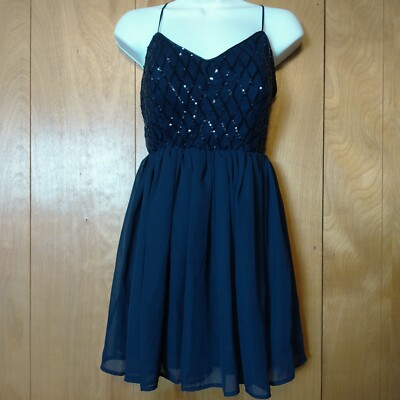 TRIXXI Juniors Small Spaghetti Strap Fit And Flare Beaded Sequin Mini Dress Blue