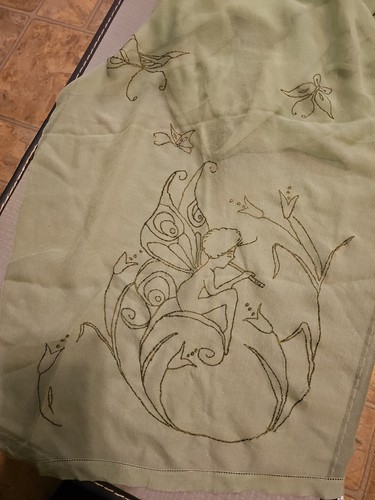 Vintage Silky Light Green Embroidered Pixies And Butterfly Scarf - Picture 2 of 4