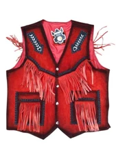 Men Native Traditional Western Cowboy Leather vest Fringe & Beaded
