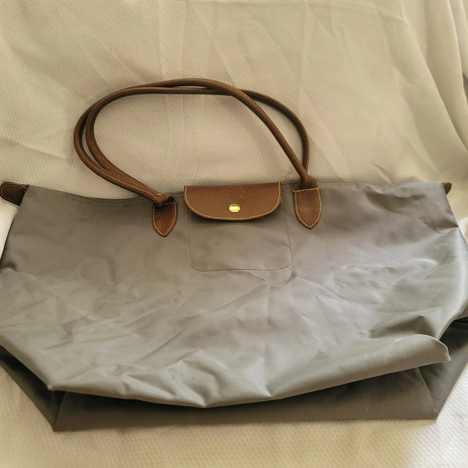 LONGCHAMP Le Pliage Medium Small Shoulder Tote GRAY BROWN Nylon AUTHENTIC FLAWS - Image 3 of 4