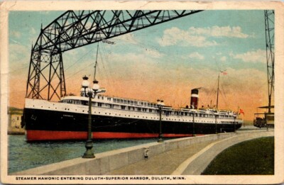 Postcard Steamer Hamonic Entering Duluth Superior Harbor Duluth Minn 1921