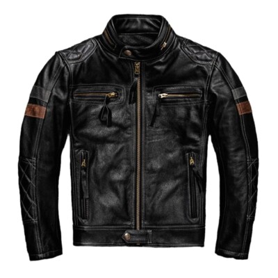 Men's 100% Genuine Leather Cowskin Black Motorcycle Racing Classic Biker Jacket