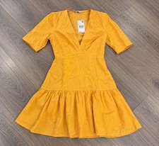 Mango Orange Linen Blend Mini Dress UK 6 XS V Neck Flounce Hem Summer NWT