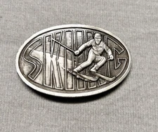 Vintage 1976 Bergamot Brass works Skiing Silver Belt Buckle 