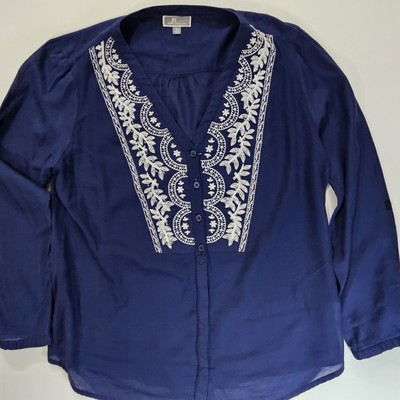 JM Collection Blouse Womens 14 Blue White Floral Embroidered Coastal Resortwear