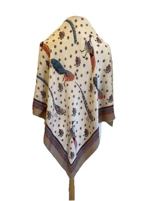 CODELLO 100% Silk Square Scarf Pheasant Bird Print Hand Printed Cream #A55