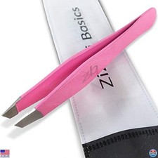 Surgical Grade Stainless Steel Tweezers - Slant Tip for Eyebrow Shaping, Pink