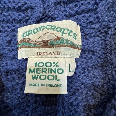 Vintage Aran Crafts Large 100% Merino Wool Cable Knit Sweater Ireland Blue