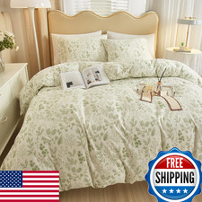 Highbuy 3 Pieces Duvet Cover King Size White Duvet Cover Green Floral