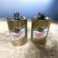 2 Vintage Miller High Life Beer Tabletop Miniature Metal Can Lighter Set