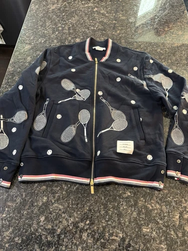 Autentico THOM BROWNE Giacca leggera da uomo bianco rosso navy taglia 3 media tennis