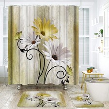 Onalasyc 4PCS Yellow Daisy Flowers Butterfly Shower Curtain Set with Shower C...