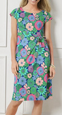 TALBOTS EFFORTLESS JERSEY FLORAL TIE SHIFT DRESS Size L Green Blue Botanical EUC