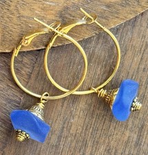 Gold Lever Back Hoops Dangle Blue Earrings. Ocean. Sea Glass.