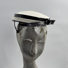 Vtg 1950s Cream Black Tilt Hat Feather Bow Mid Century Fascinator