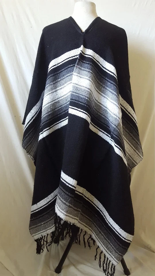 Auténtico Poncho Manta Mexicano Diamante Hecho a Mano con Flecos Estilo Clint Eastwood Foto 3 de 4