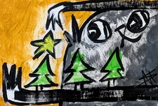 ACEO Black Cat Painting Christmas Original Collectible Folk Art Samantha McLean