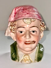 Antique Majolica Tobacco Jar Container Man in Red Stocking Cap (zz)