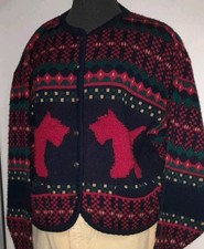 Vtg 80s 90s TALLY HO Scotty Scottish Terrior Dog Knit Sweater Cardigan Novelty L
