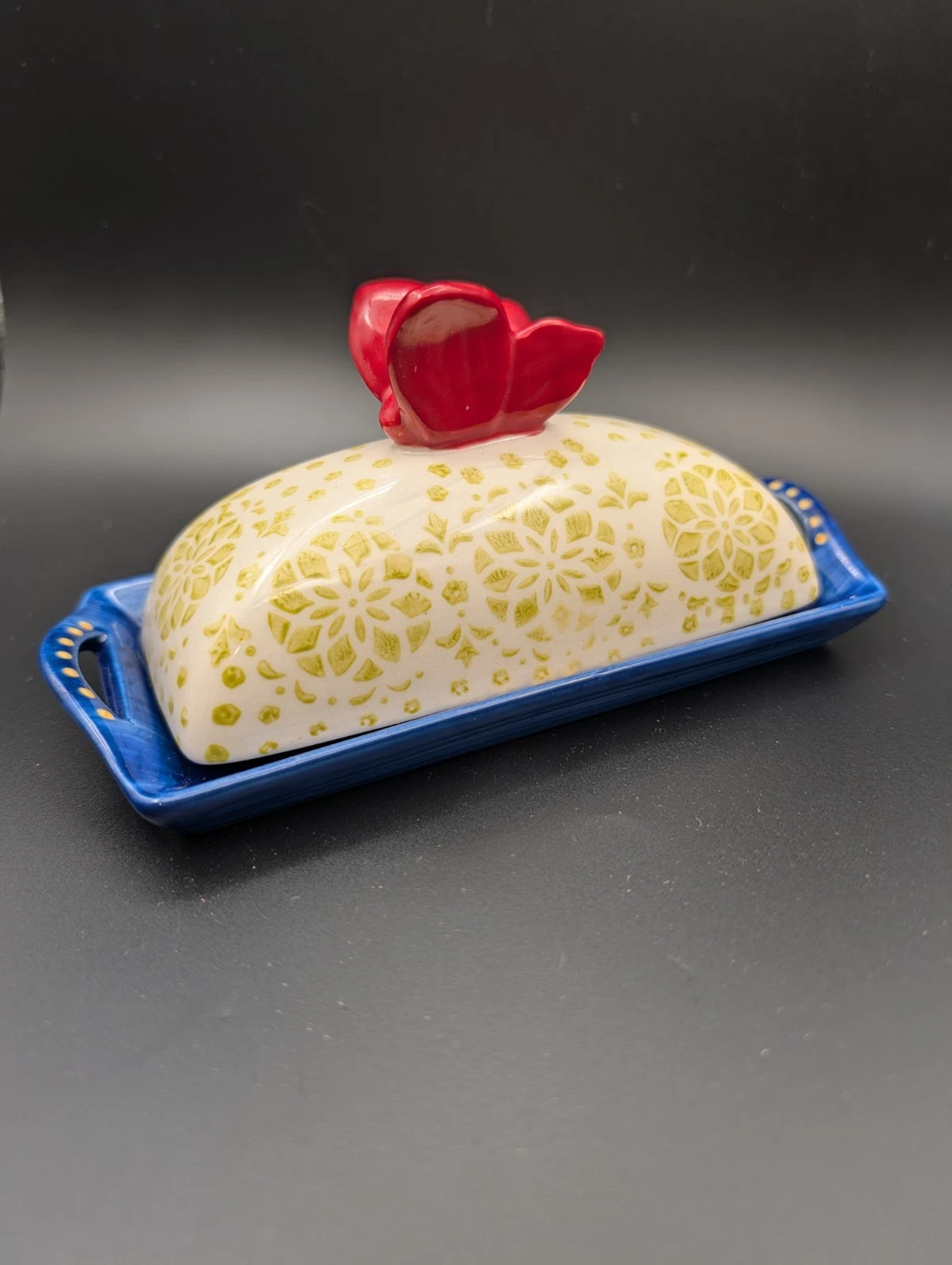 Pier 1 Blue Tan Butteryfly Floral Butter Dish