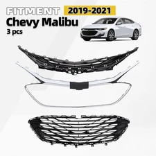 Front Upper Lower Bumper Grille Chrome 2019-2021 Chevy MALIBU W/O Sensors 3PCS