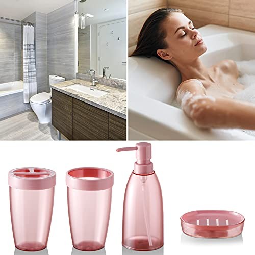 Bathroom Accessories Set 4Piece Plastic Bathroom Decor Sets 4pcs Pink - Picture 4 of 7
