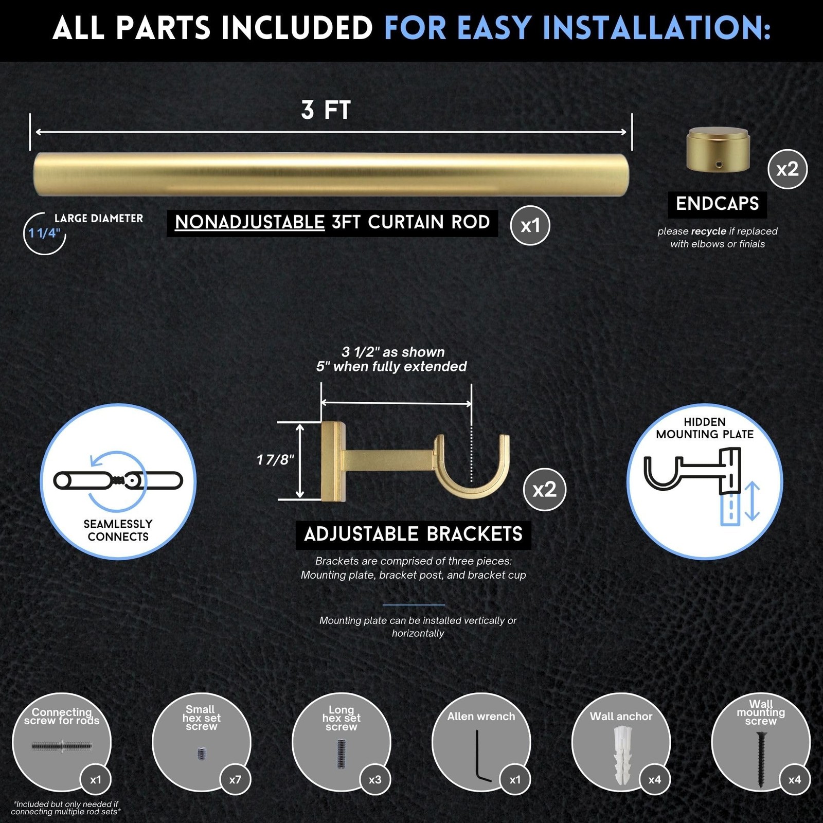 BlastHome® Non-Adjustable Luxury Curtain Rods for Windows, 1 ¼”