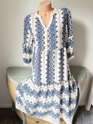 Vestido Anthropologie Figura + Flor Boho Campesino 3/4 Pequeño PL L Floral Azul Muumuu - Imagen 2 de 10