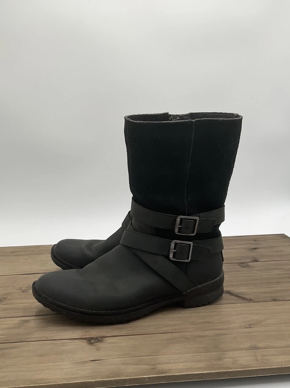 Stivali Ugg donna 8 neri foderati in shearling Lorna metà polpaccio moto pelle