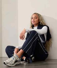 Athleta Venice Track Stripe Wide Leg High Rise Pant Navy/White NWT 109 L Large