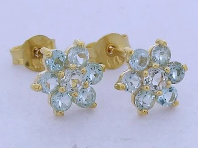 s E058 Genuino Oro Amarillo 9K Natural Aguamarina Flor Racimo Pendientes Foto 4 de 4