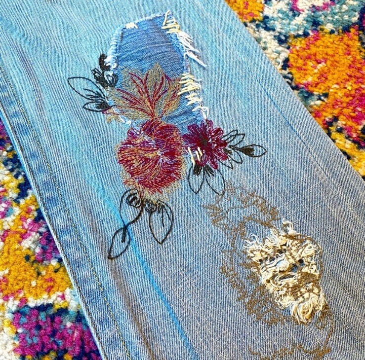 VTG Y2K Bebe Distressed Patchwork Embroidered Fla… - image 8