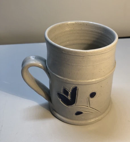 Vintage Williamsburg Pottery Mug Cup Salt Glaze Stoneware Cobalt Blue Leaves