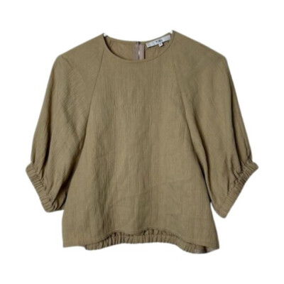 Tibi crew neck short sleeve crop boxy top womens 8 crinkle crepe neutral minimal