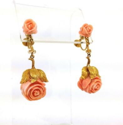 #ad #ad Vintage Carved Coral Rose 14k Yellow Gold Dangle Earrings LIQUIDATION $4012.61