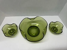 Set Of 3 Vintage Anchor Hocking Olive Green Glass Chip and Dip Bowls MCM