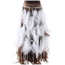 Feather Headband White Fake Pearl Hippie Indian Boho Hair Bands Tassel