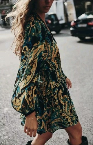 Zara BNWT Dress Paisley LONG SLEEVE Velvet Trim Size Small - Picture 2 of 4