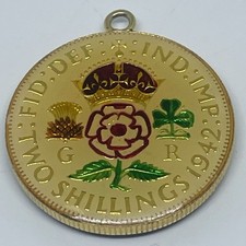 1942 George VI Two Shilling Coin Pendant .500 Fine Silver Gold Plated Crown Rose