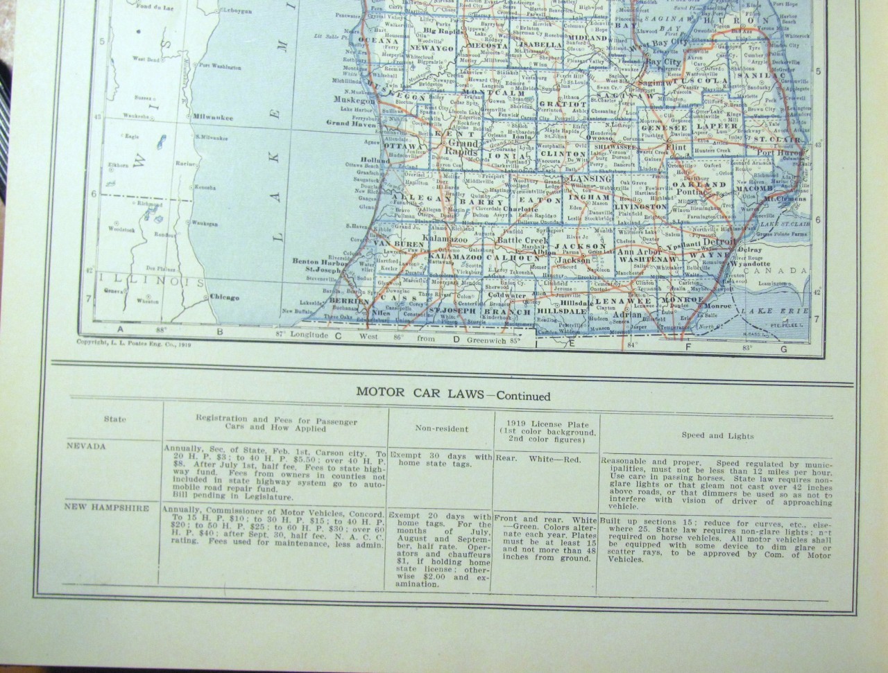 1919 Michigan Illinois County Auto Road Map + Car Photo State Highway History