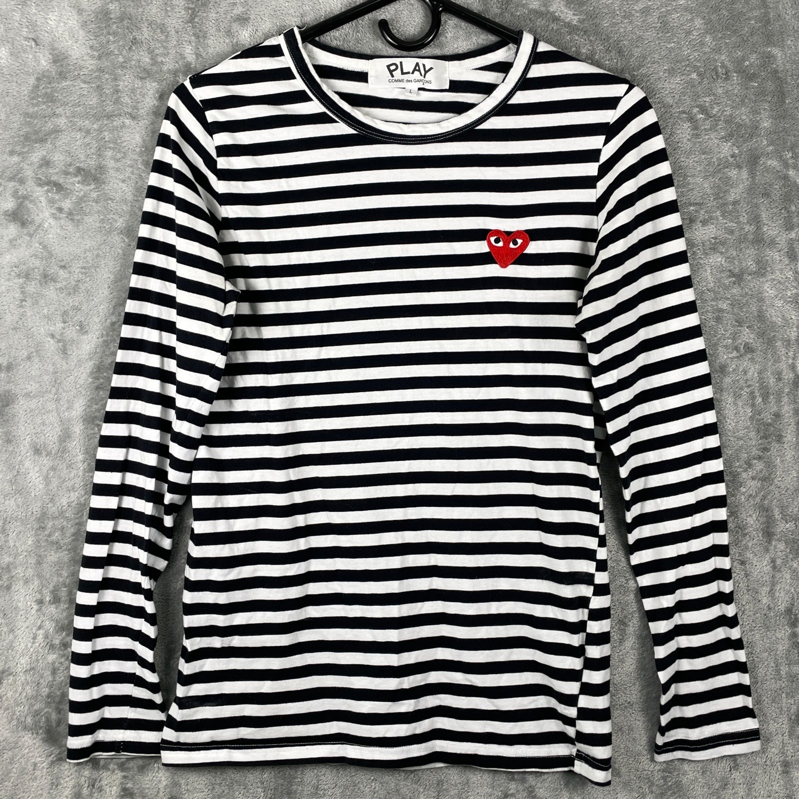 COMME DES GARCONS Play T Shirt Heart Japan L Black White Striped Long Sleeve Top