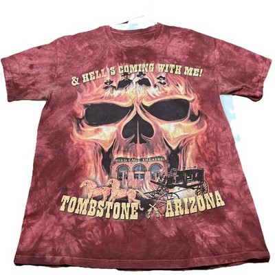 The Mountain Tombstone T Shirt Fire Skull Bird Cage Theatre Hells Coming Mens Lg