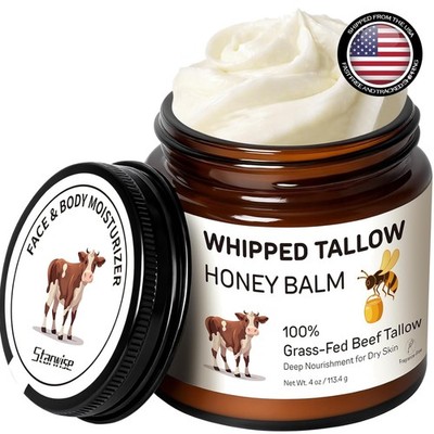 100% Grass-Fed Beef Tallow Moisturizer and Honey Balm for Sensitive Skin, 4 Oz